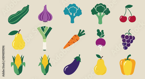 Assorted colorful vegetables and fruits in a grid pattern.