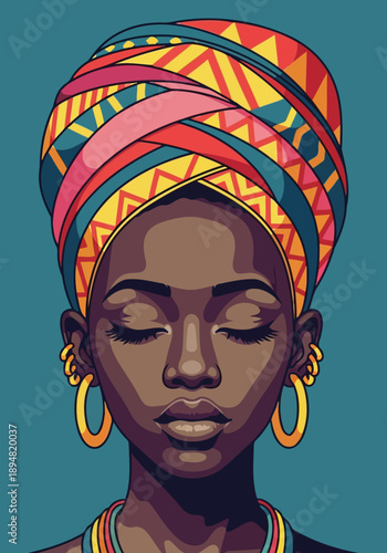 Portrait of African woman wearing colorful geometric turban and hoops