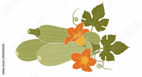 Illustration of green zucchinis with orange flowers.