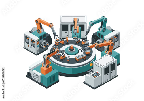 Automated manufacturing process with robotic arms and machinery in a modern industrial setting viewed from above