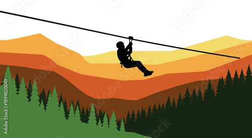 Person ziplining over a mountainous landscape at sunset.