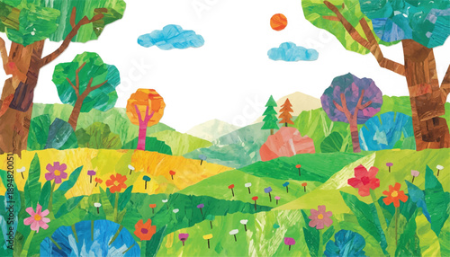 A vibrant, colorful collage-style illustration of a lush green landscape with rolling hills, diverse trees, and a variety of blooming flowers under a bright, sunny sky.