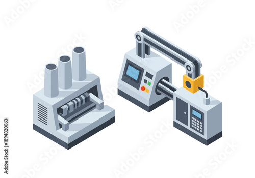 Industrial machinery setup with robotic arm and control panels in a manufacturing environment viewed from an isometric perspective