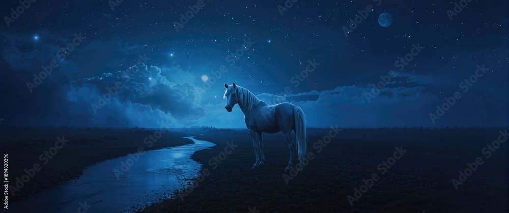 Fototapeta premium Nighttime photo featuring a unicorn, creek, and moon
