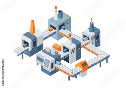Industrial machinery and equipment assembly line with conveyor belts and processing units in a manufacturing facility