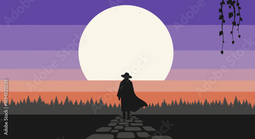 Silhouette of a person walking on a stone path towards a full moon.