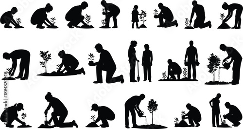Set of silhouettes featuring people planting trees, gardening, watering saplings, and working outdoors for environmental protection, sustainability, and nature conservation.
