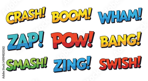 Colorful Comic Book Sound Effects in Bold Typography.