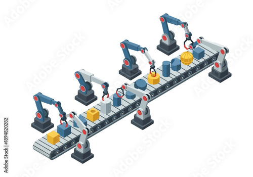 Industrial robotic arms operating on a production line with automated machinery and conveyor belts in a manufacturing facility