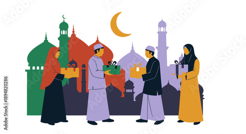 Muslim family giving charity during Ramadan with mosque background.