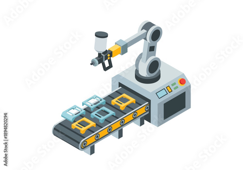 Industrial robotic arm assembling components on a conveyor belt in a factory setting