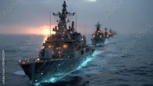 Future war concept.future war battleship cyber navy digital warship glowing circuit artificial intelligence ocean fleet sunset combat technology future war battleship with cyber navy digital