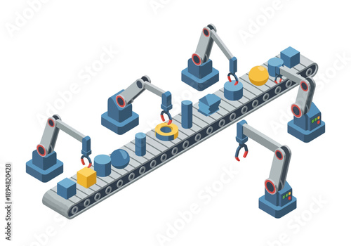 Industrial robotic arms assembling parts on a conveyor belt in a factory setting from an isometric viewpoint