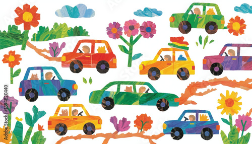 A vibrant and colorful illustration of various cars driving through a whimsical landscape filled with flowers and trees.