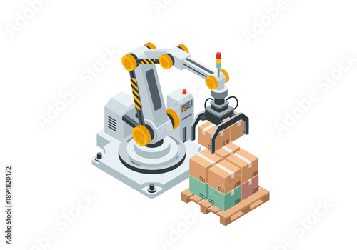 Industrial robotic arm efficiently packaging boxes on a production line, viewed from a slight angle