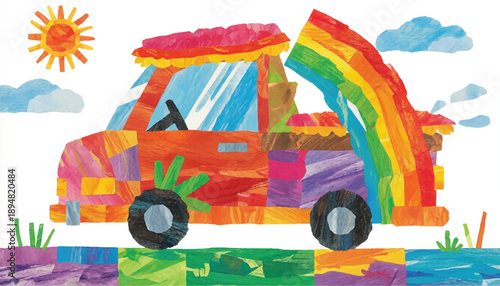 A vibrant, colorful collage-style illustration of a truck with a rainbow arching over its bed, set against a sunny sky with clouds and green grass.