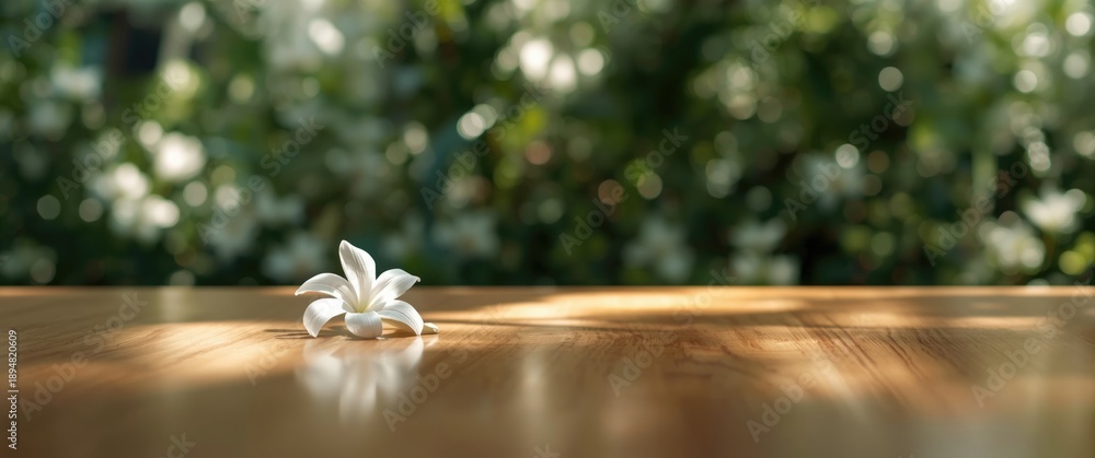 Fototapeta premium Beautiful white flower placed on table with softly blurred background