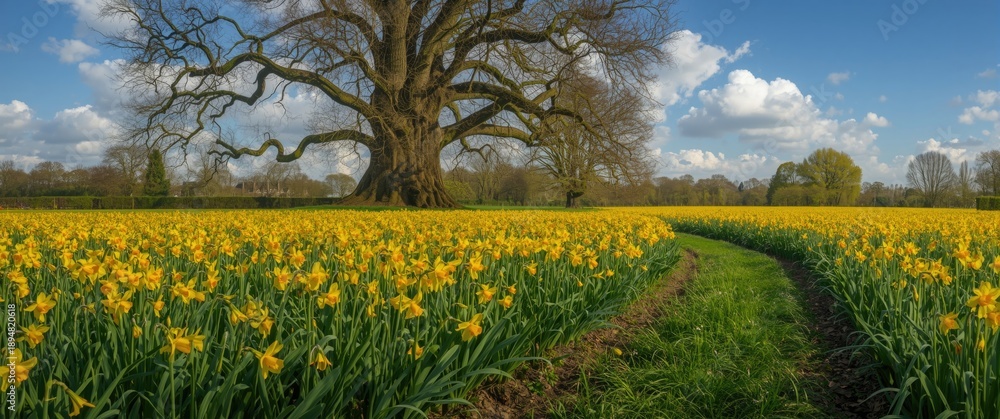 Obraz premium Wide meadow of daffodils flourishing under a tree