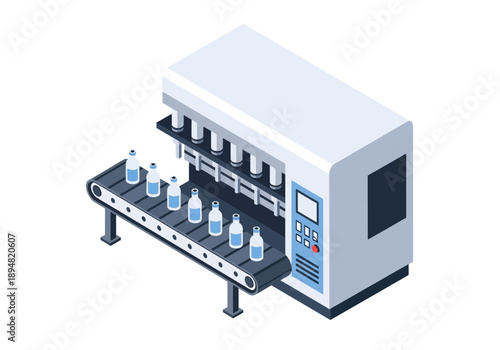 Industrial Laboratory Equipment with Bottles on Conveyor Belt, Isometric View of Machine with Control Panel and Test Tubes