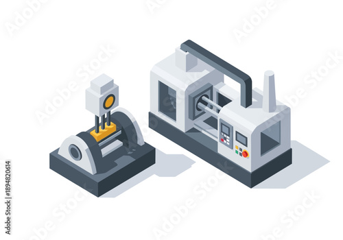 Industrial machinery and robotic arm in operation within a manufacturing facility viewed from an isometric perspective
