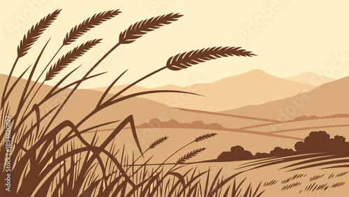 A serene vector illustration of a wheat field with mountains in the background