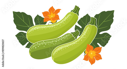 Three green cucumbers with leaves and flowers.