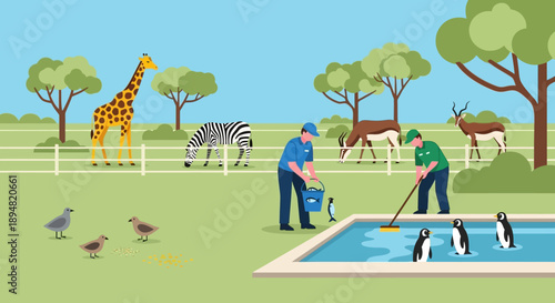 Zoo keepers cleaning the penguin enclosure at a wildlife sanctuary.