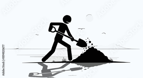 Stick Figure Digging Dirt with Shovel Silhouette.