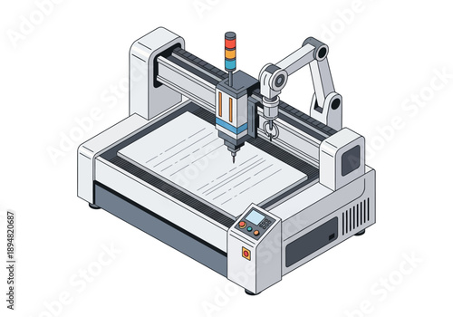 Industrial 3D printing machine creating complex object with robotic arm and precision cutting tool in a modern manufacturing environment from an isometric viewpoint