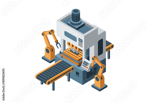 Industrial machinery with robotic arms and conveyor belt in a manufacturing setting viewed from an isometric perspective