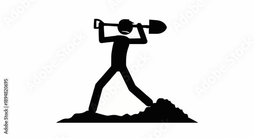 Stick Figure Digging Hole With Shovel Silhouette.