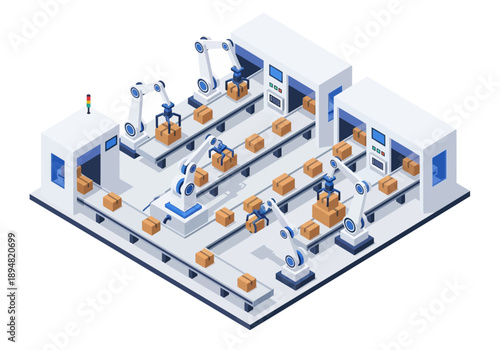 Isometric view of a futuristic factory floor with robotic arms and automated machinery in a clean industrial environment