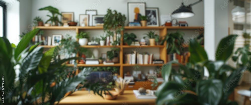Fototapeta premium Soft-focus backdrop of an organized bookshelf with plants, artwork, and books, blending natural elements and modern decor to evoke a peaceful reading atmosphere