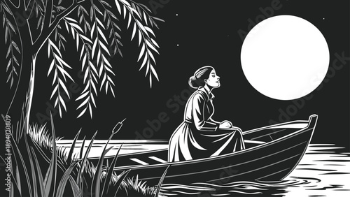 A serene woman in a boat under the moonlight in a vector illustration
