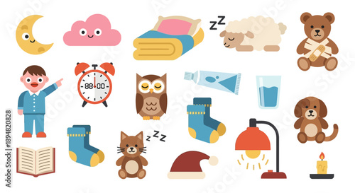 Set of cartoon icons representing sleep and bedtime routine.