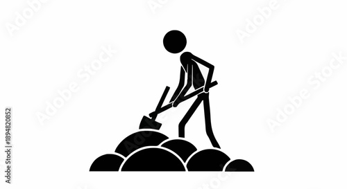 Stick figure digging in dirt with shovel.