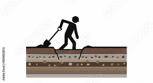 Stick figure digging in layered earth cross section.