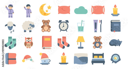 Collection of colorful bedtime and sleep icons in a flat design style.