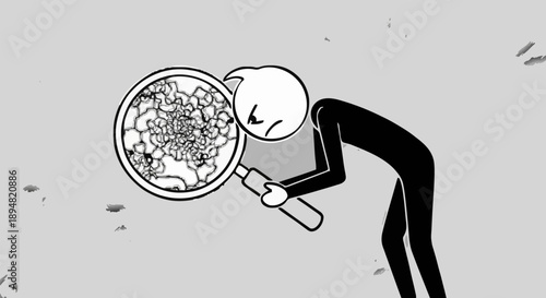 Stick figure examining microscopic cells through a magnifying glass.
