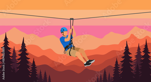 Man ziplining through forest mountains at sunset.