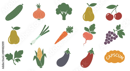Assorted colorful vegetables and fruits in a vibrant cartoon style.