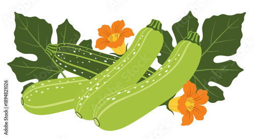 Fresh green cucumbers with leaves and flowers.