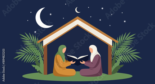 Illustration of Mary and Joseph reading together under a hut at night with a crescent moon.