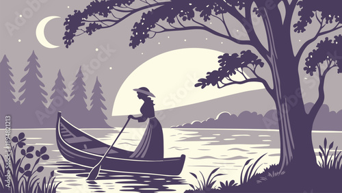 A serene woman in a canoe on a peaceful lake under a full moon