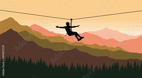 Man ziplining through mountains at sunset with trees below.