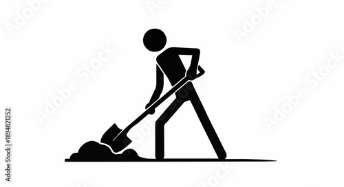 Stick figure digging with shovel in dirt pile.