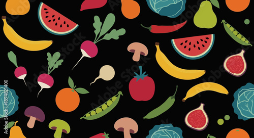 Colorful cartoon fruits and vegetables pattern on black background.