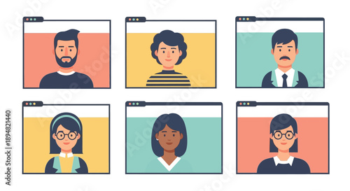 Diverse group of people avatars in browser windows.