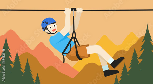 Man ziplining through mountains with helmet and harness.