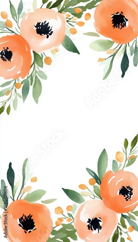 Elegant Delicate Orange Pink Watercolor Flowers Blossom Fresh Minimal Background for Card Design